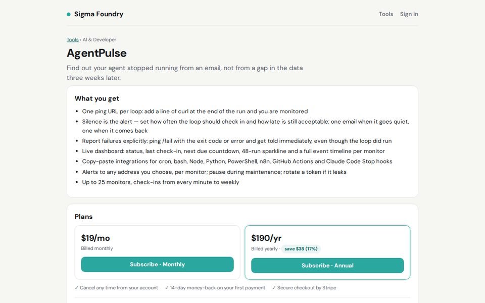 AgentPulse app page with features and monthly and annual plans