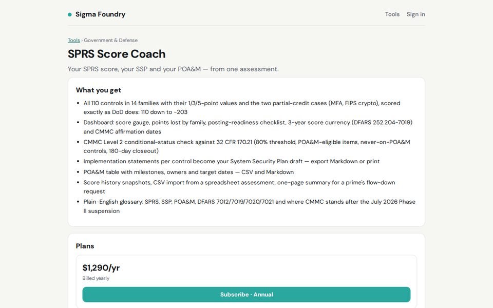 SPRS Score Coach app page with its feature list and annual plan