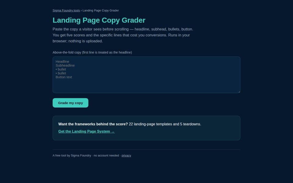 Landing Page Copy Grader with a text box for pasting page copy