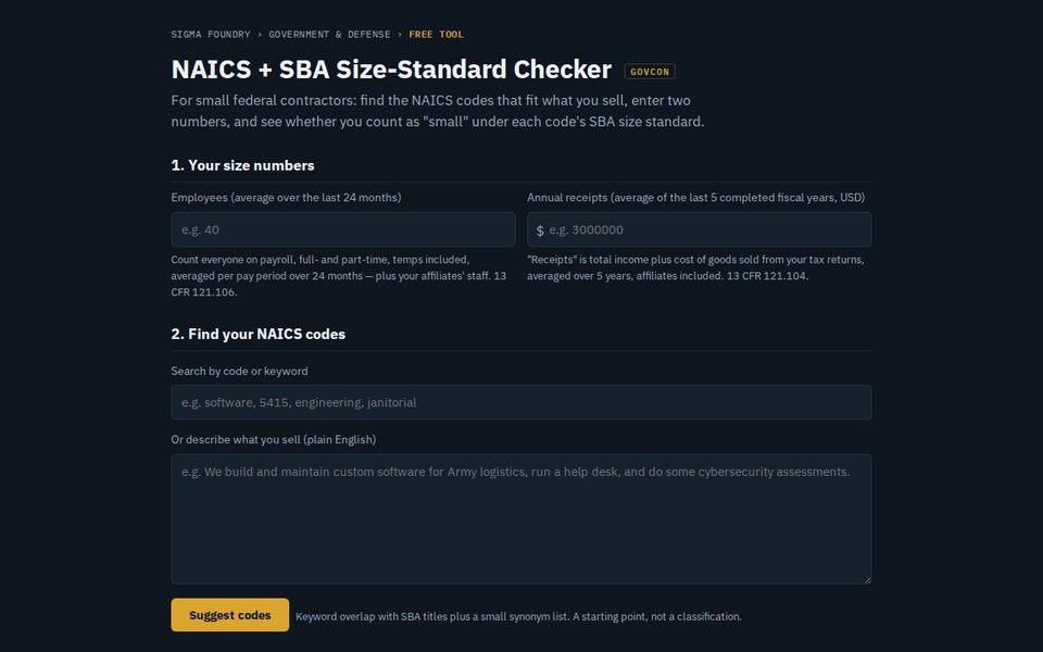 NAICS and SBA Size-Standard Checker with inputs for employees and receipts