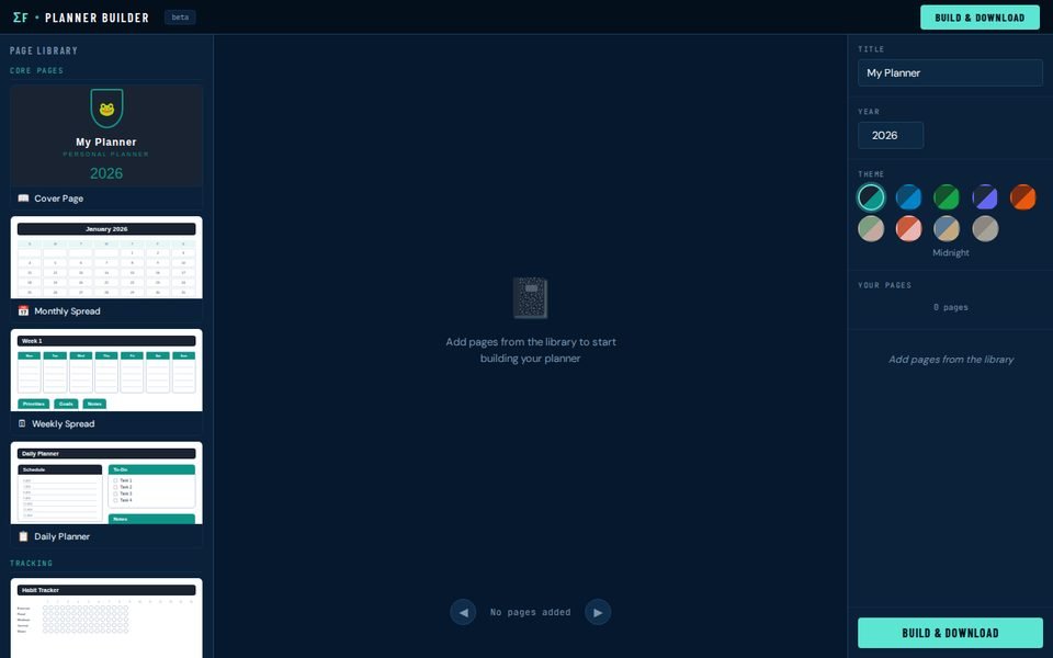 Planner Builder: a page library on the left and a digital planner page being assembled