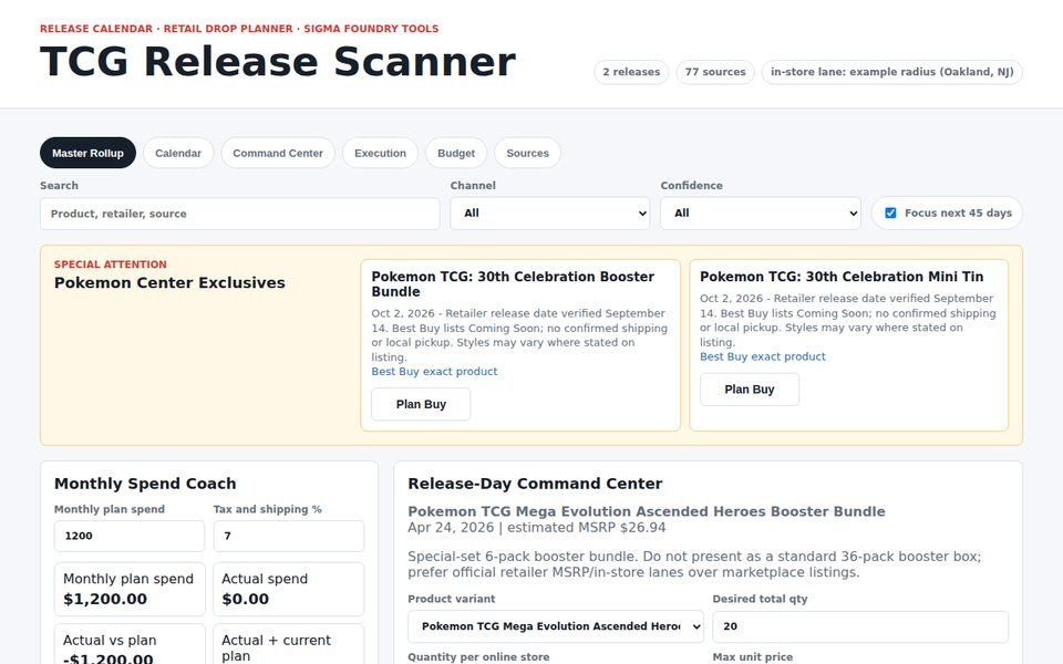 TCG Release Scanner listing upcoming trading card sets with preorder windows and retailers