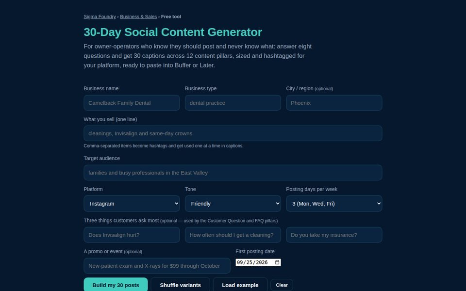 30-Day Social Content Generator with fields for business type, city and platform