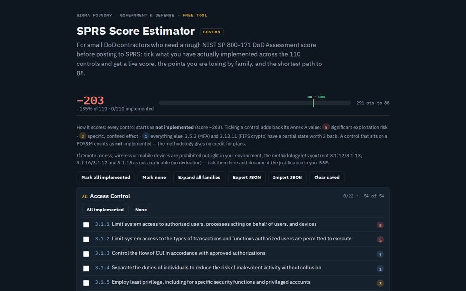SPRS Score Estimator showing an estimated score and the NIST SP 800-171 control list
