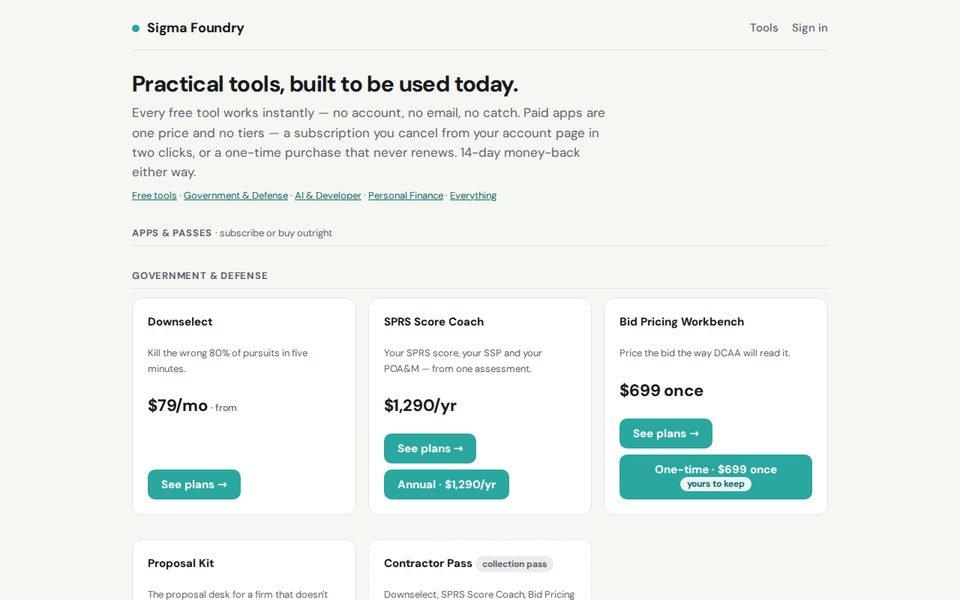 The Sigma Foundry store home page listing apps and passes by collection